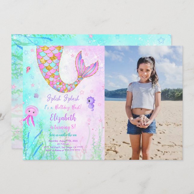 Invitación de foto de cumpleaños de niños sirena (Anverso / Reverso)