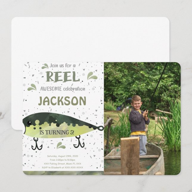 Invitación de foto de cumpleaños de pesca (Anverso / Reverso)