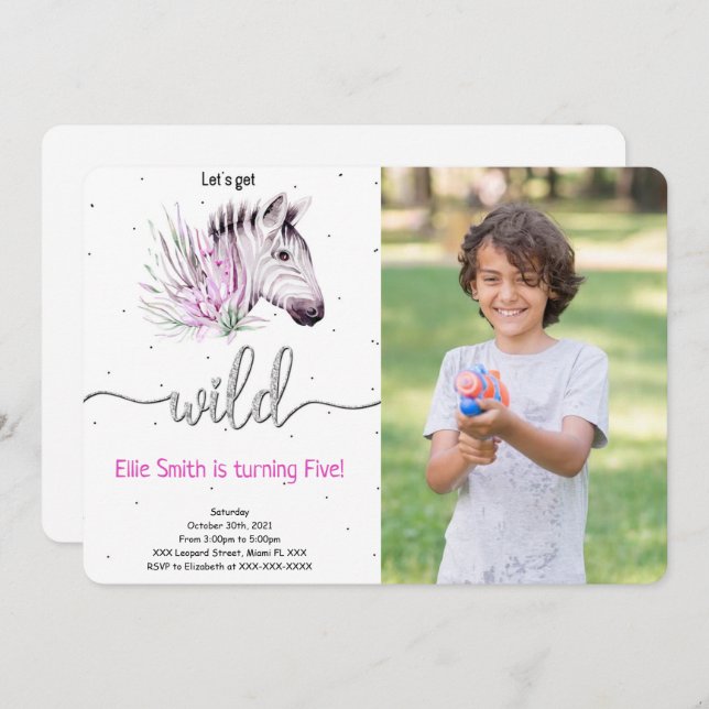 Invitación de foto de cumpleaños de safari de anim (Anverso / Reverso)