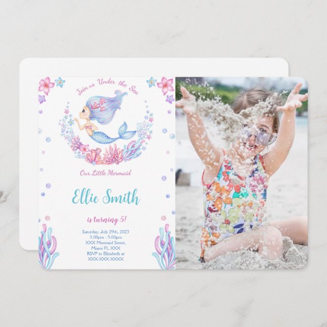 Invitación de foto de cumpleaños de sirena (Anverso / Reverso)