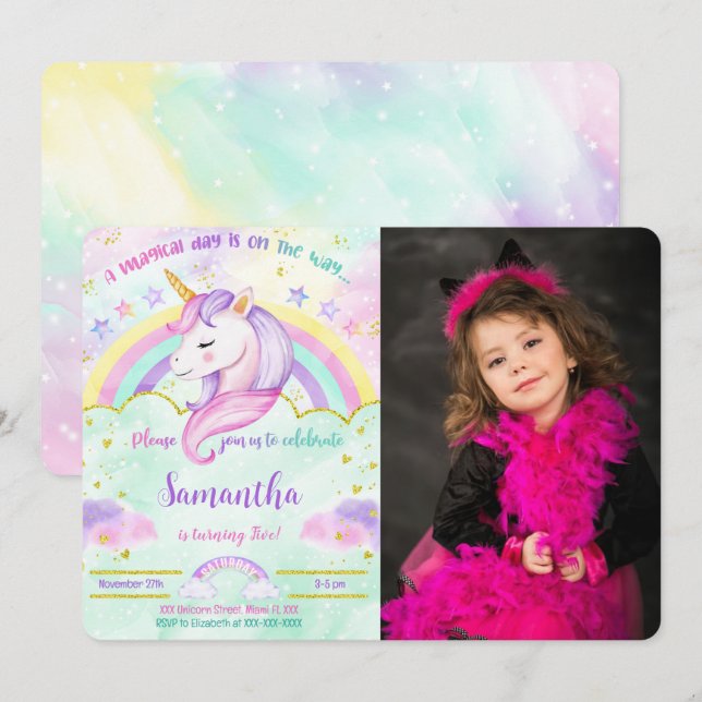Invitación de foto de cumpleaños de unicornio  (Anverso / Reverso)