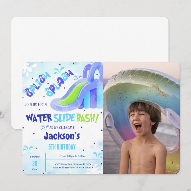 Invitación de foto de cumpleaños en tobogán de agu (Anverso / Reverso)