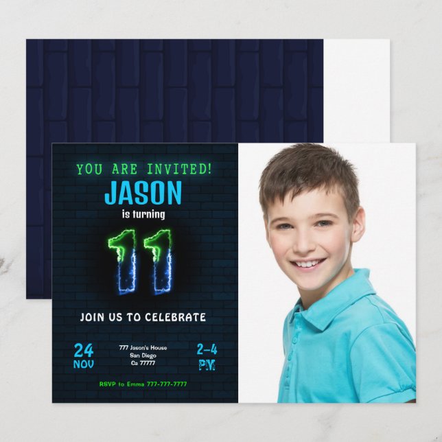 Invitación de foto de cumpleaños número 11 niño (Anverso / Reverso)