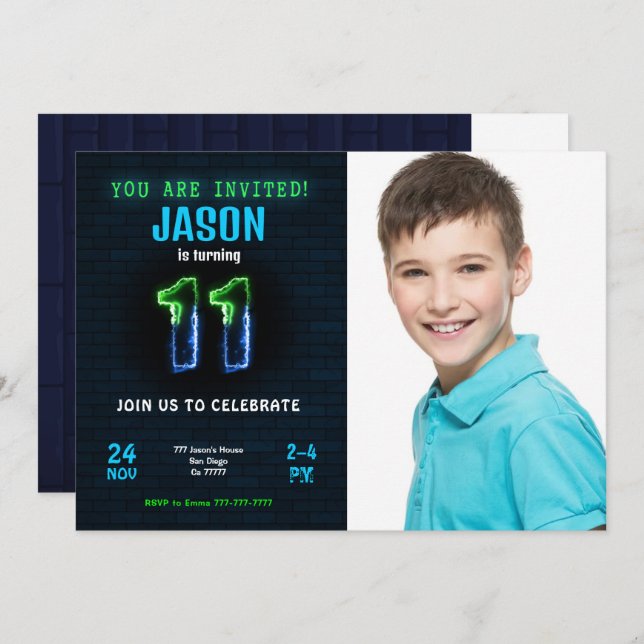 Invitación de foto de cumpleaños número 11 para ni (Anverso / Reverso)