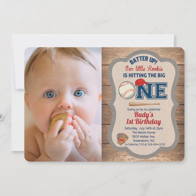 Invitación de foto de cumpleaños número 1 de béisb (Anverso)
