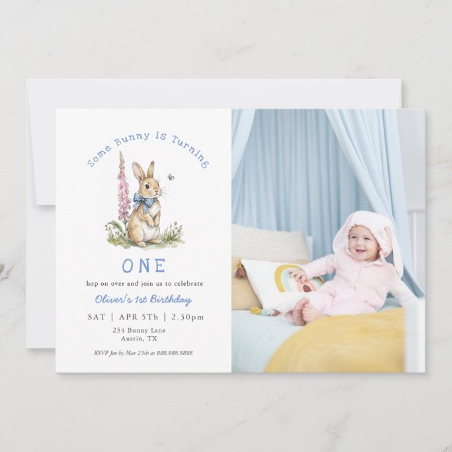 Invitación de foto de cumpleaños número 1 de conej (Anverso)