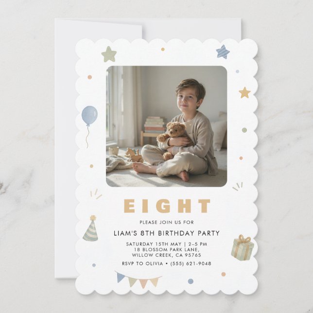 Invitación de foto de cumpleaños número 8 para niñ (Anverso)