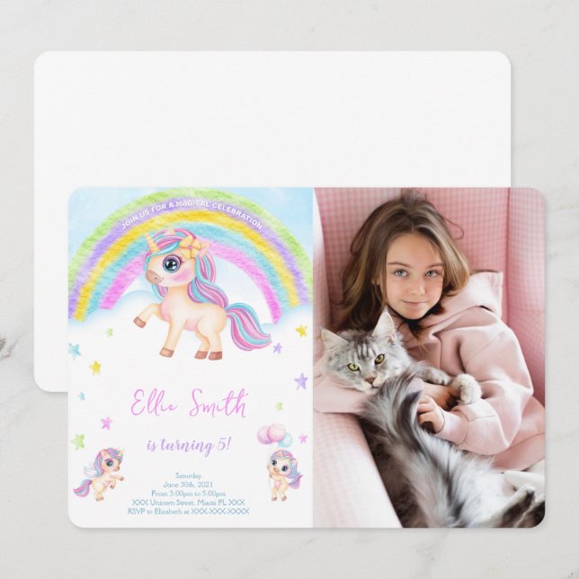 Invitación de foto de cumpleaños para niños de uni (Anverso / Reverso)