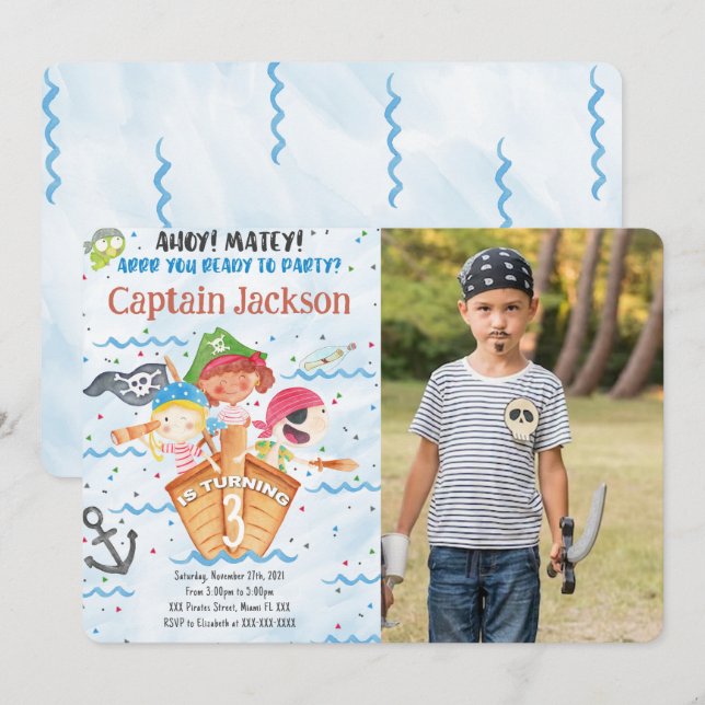 Invitación de foto de cumpleaños pirata (Anverso / Reverso)