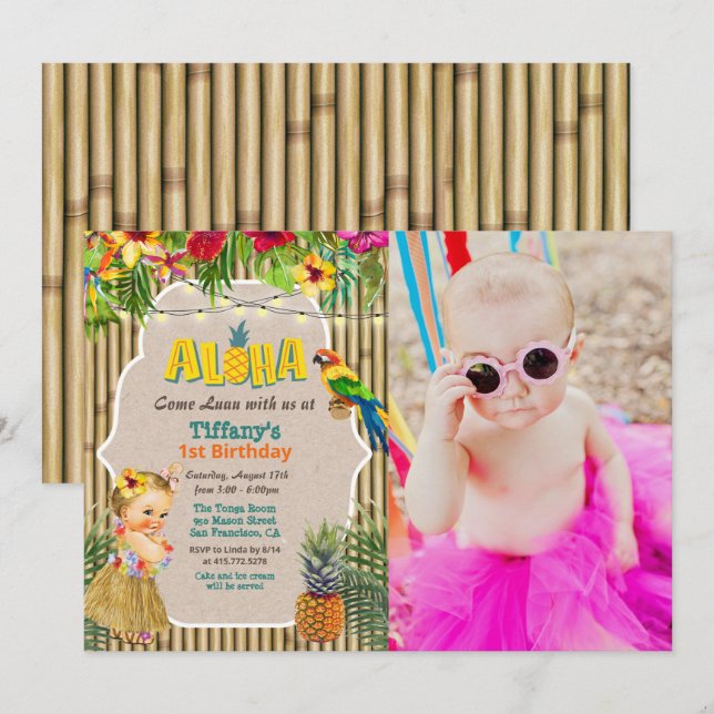 Invitación de foto de cumpleaños tropical de Luau  (Anverso / Reverso)