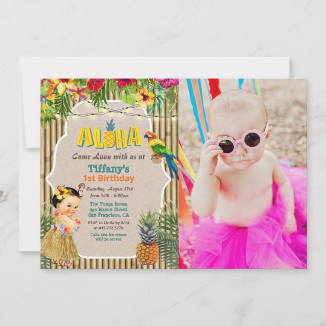 Invitación de foto de cumpleaños tropical de Luau  (Anverso)
