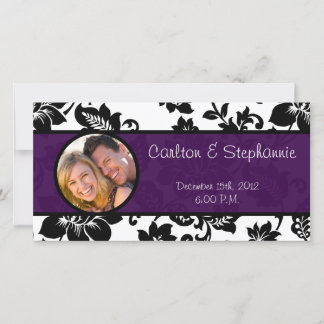 Invitación de foto de Damasco floral negro/púrpura