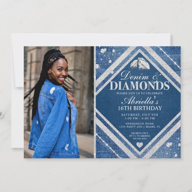 Invitación de foto de Denim y Diamantes Elegantes (Anverso)