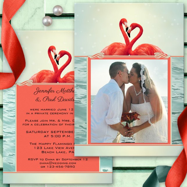 Invitación de foto de después de la boda o postal (Wedding photo reception only or after wedding invitation featuring two flamingos on an ocean)