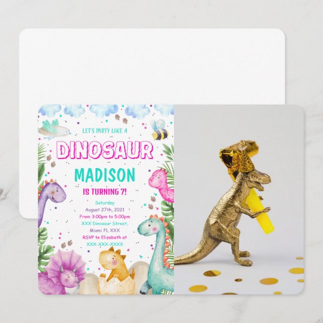 Invitación de foto de dinosaurio (Anverso / Reverso)