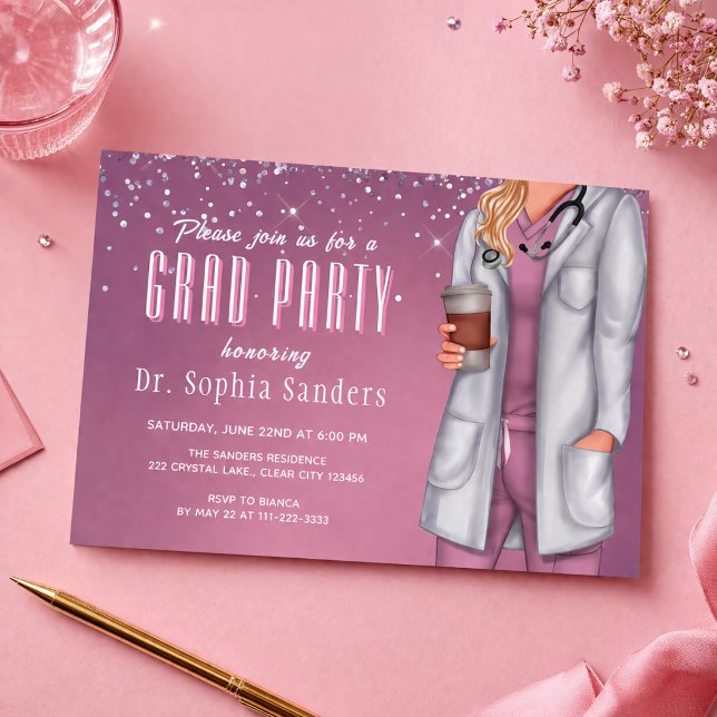 Invitación de Foto de Fiesta de Graduación de Doct (Modern doctor graduation party invite pink elegant layout)