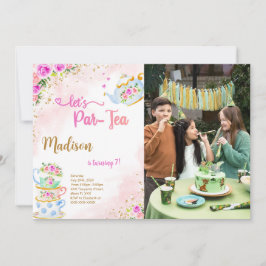 Invitación de foto de fiesta de té rosa y dorado