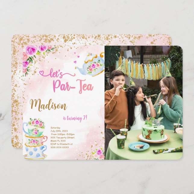 Invitación de foto de fiesta de té rosa y dorado (Anverso / Reverso)
