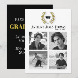 Invitación de foto de gorra y hojas de graduación