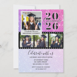 Invitación de foto de graduación con brillo rosa