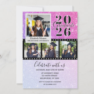 Invitación de foto de graduación con brillo rosa