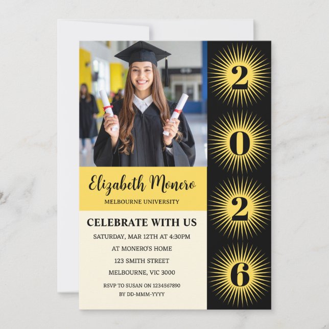 Invitación de foto de graduación con explosión sol (Anverso)