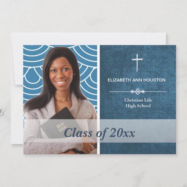 Invitación de foto de graduación cristiana azul (Anverso)