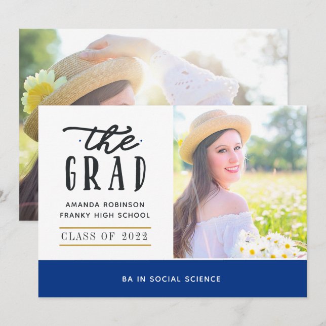 Invitación de foto de graduación de Blue y Gold (Anverso / Reverso)