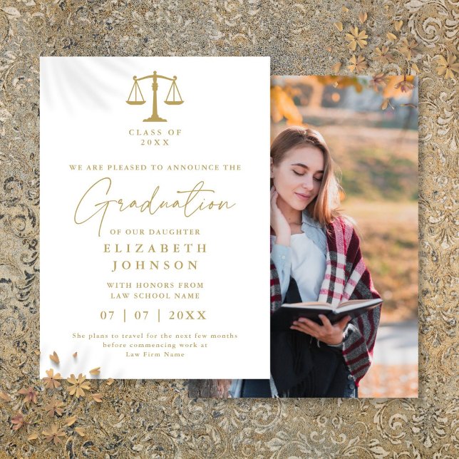 Invitación De Foto De Graduación De Leyes Blancas  (White And Gold Law Graduation Photo Announcement)