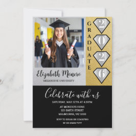 Invitación de Foto de Graduación de Oro Negro y Pl