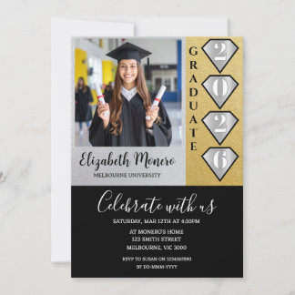 Invitación de Foto de Graduación de Oro Negro y Pl