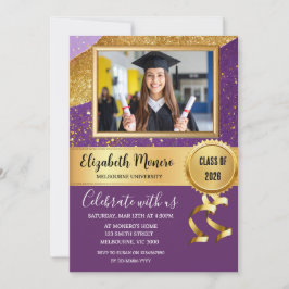 Invitación de Foto de Graduación de Oro Púrpura