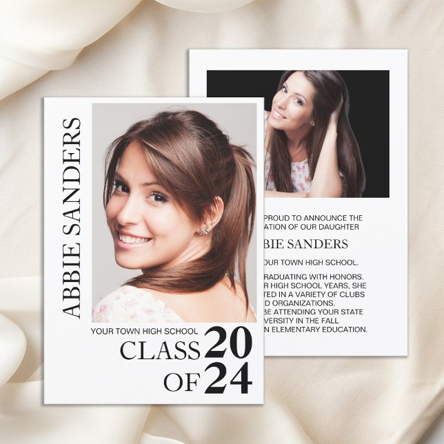 Invitación de foto de graduación en blanco negro (Black and white Class of 2024 high school graduation photo announcement)