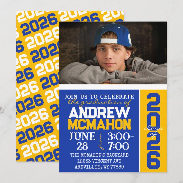 Invitación de foto de graduación moderna azul y do (Anverso / Reverso)