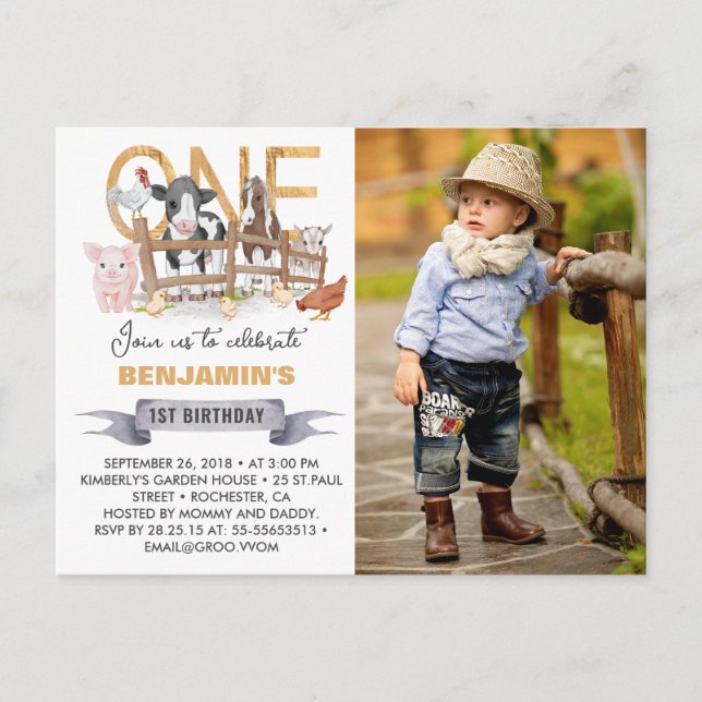 Invitación de foto de granja para el 1er cumpleaño (Anverso)