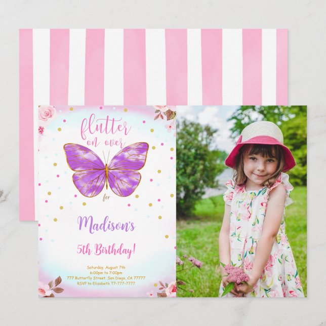 Invitación de foto de mariposa de cumpleaños númer (Anverso / Reverso)