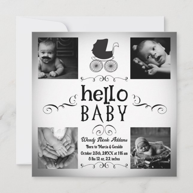 Invitación de foto de nacimiento para bebé Pram bl (Anverso)
