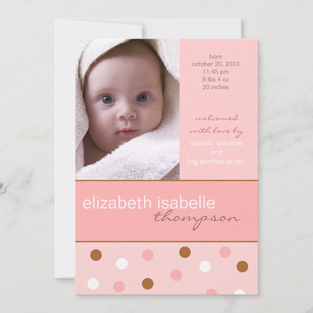 Invitación de foto de niña con Punto Rosa de Polka (Anverso)