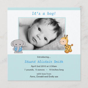 Invitación de foto de niño pequeño con azul animal