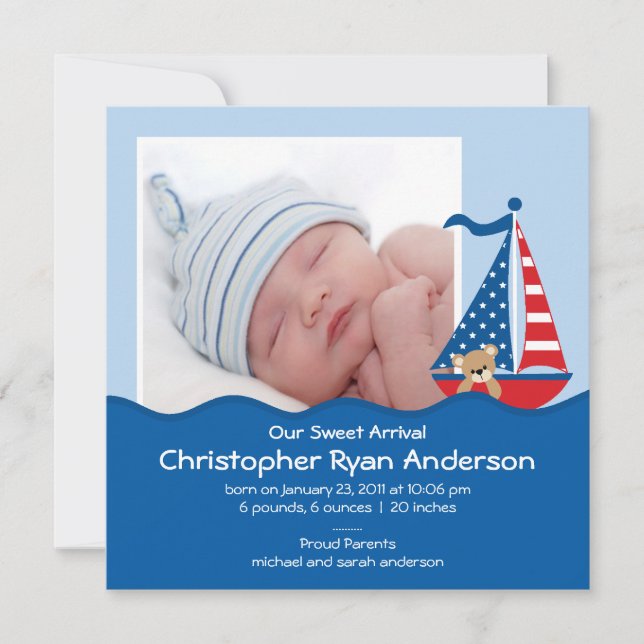 Invitación de foto de niño pequeño en barco náutic (Anverso)