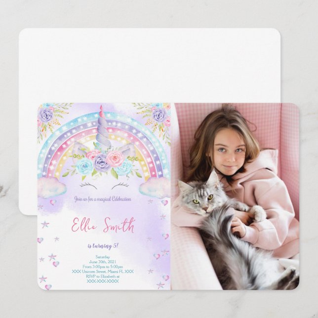Invitación de foto de niños unicornio  (Anverso / Reverso)