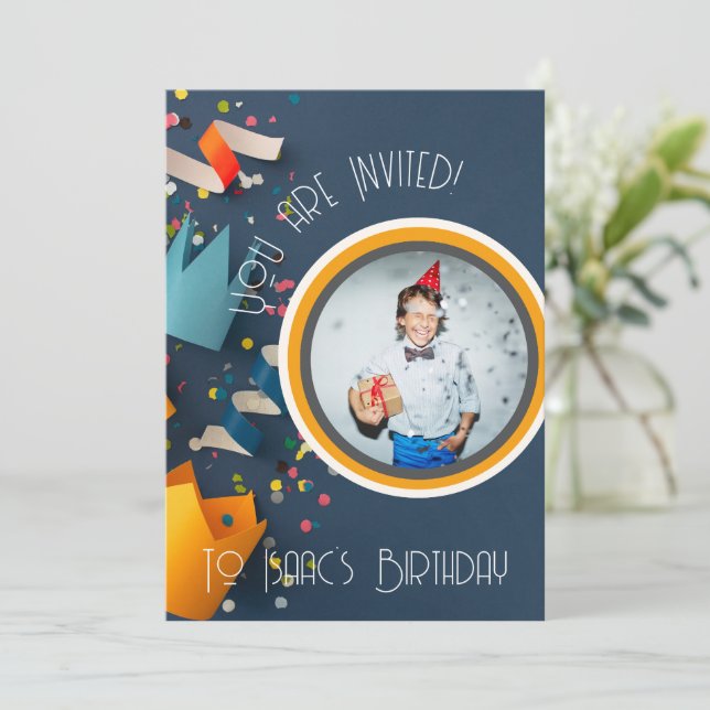 Invitación de foto de nombre de cumpleaños feliz d (Anverso de pie)