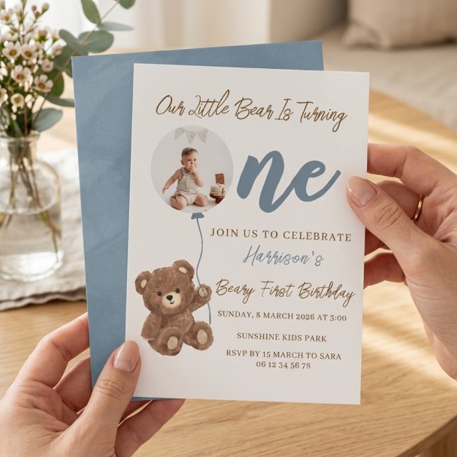Invitación de foto de primer cumpleaños de oso azu (Subido por el creador)