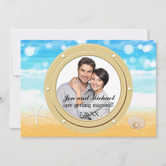 Invitación de Foto de Puerto de Boda con Concha de (Anverso)