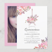 Invitación de foto de Quinceañera floral rosa con