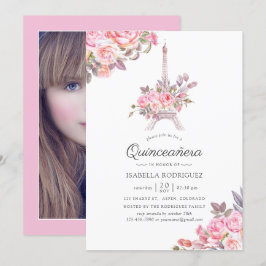 Invitación de foto de Quinceañera floral rosa con