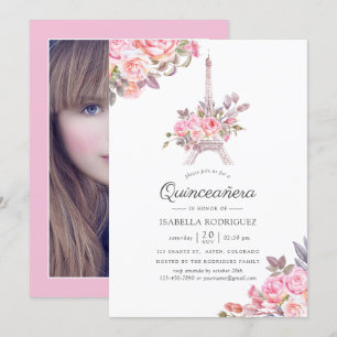 Invitación de foto de Quinceañera floral rosa con