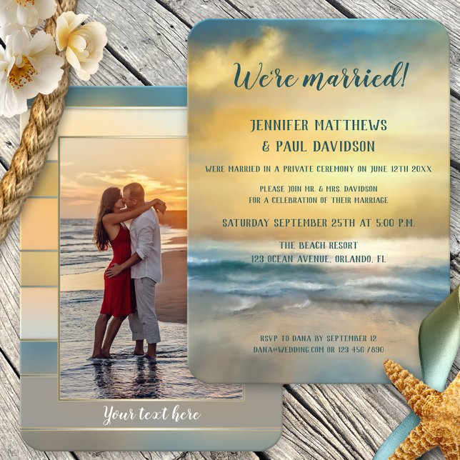 Invitación de Foto de Recepción de Boda en Puesta  (Wedding reception only, post or after wedding invitation featuring a painting of a beach at sunset)