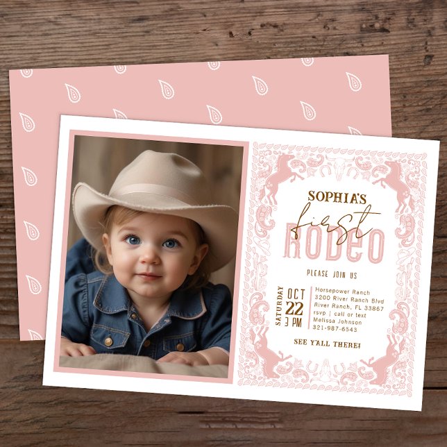Invitación de foto de rodeo de chica de vaca rosa  (Pink Rodeo Birthday Invitation)