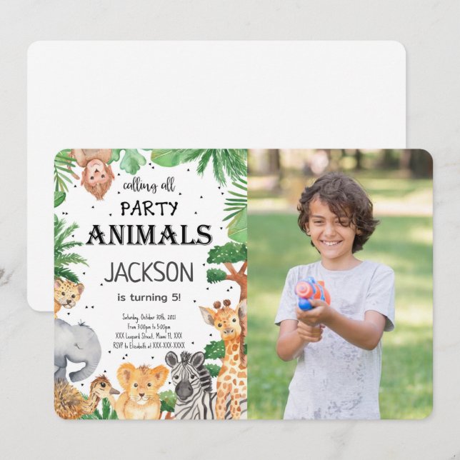 Invitación de foto de safari de animales editable (Anverso / Reverso)